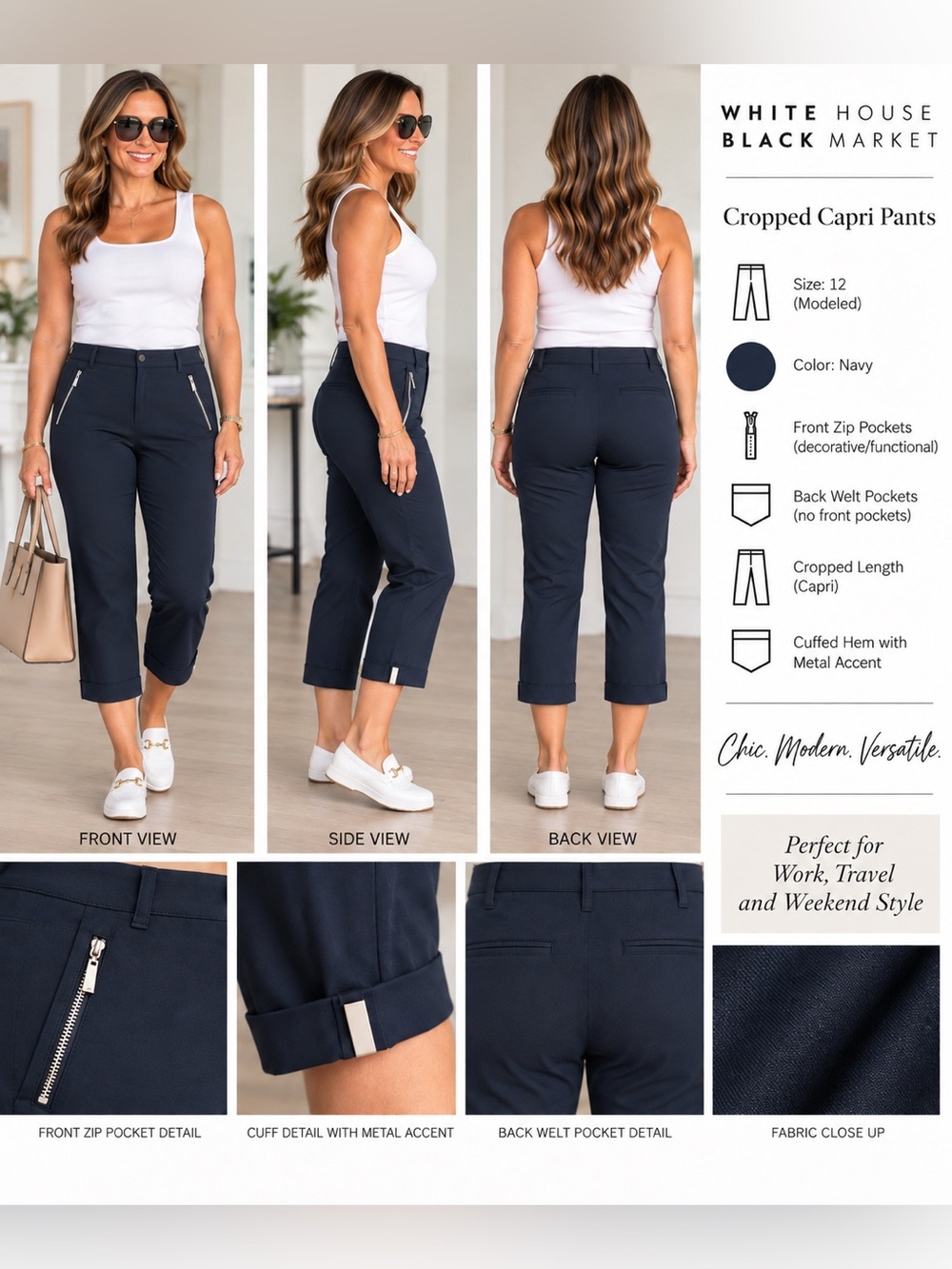 WHBM light & loose navy Capri style pant 12